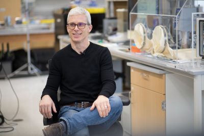 Jake Socha, professor in biomedical engineering and mechanics, sits in his lab.